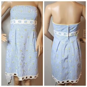 Lilly Pulitzer Lemon Embroidered blue white stripe strapless mini dress. Size 4